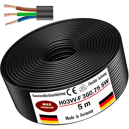 Von 5 bis 100m Kunststoffschlauchleitung H03VV-F 3G0,75 Schwarz Flexible Leitung Kabel Leitung Gerätekabel (5m) von MAS Premium