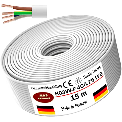 Von 5 bis 100m Kunststoffschlauchleitung H03VV-F 4G0,75 Weiß Flexible Leitung Kabel Leitung Gerätekabel (15m) von MAS Premium