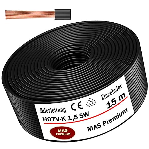 MAS-Premium Aderleitung H07 V-K 1x1,5 mm² Schwarz Einzelader flexibel Von 5 bis 100m (15m) von MAS-Premium