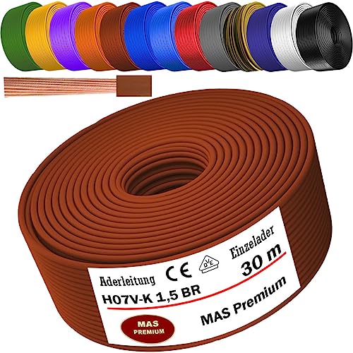 MAS Premium Aderleitung H07 V-K 1x1,5 mm² SW HBL GNGE GN RT DBL BR OR GR WS VIO U-MAR.BL oder GE Einzelader flexibel Von 5 bis 100m (Braun, 30m) von MAS Premium