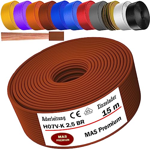 MAS Premium Aderleitung H07 V-K 1x2,5 mm² HBL GRGE RT DBL BR OR GR WS VIO oder GE Einzelader flexibel Von 5 bis 100m (Braun, 15m) von MAS Premium