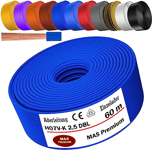 MAS Premium Aderleitung H07 V-K 1x2,5 mm² HBL GRGE RT DBL BR OR GR WS VIO oder GE Einzelader flexibel Von 5 bis 100m (Dunkelblau, 60m) von MAS Premium