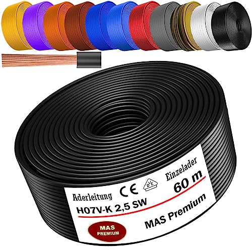 MAS Premium Aderleitung H07 V-K 1x2,5 mm² HBL GRGE RT DBL BR OR GR WS VIO oder GE Einzelader flexibel Von 5 bis 100m (Schwarz, 60m) von MAS Premium