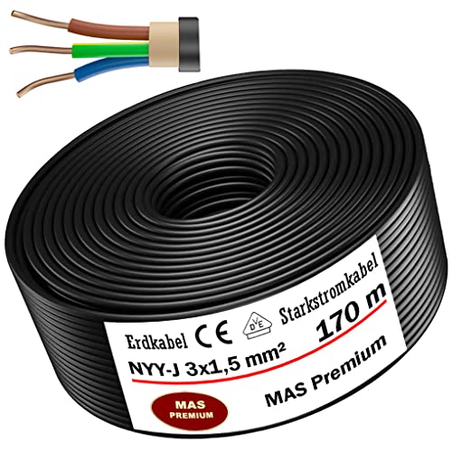 Erdkabel Starkstromkabel Von 5m bis 170m NYY-J 3x1,5 mm² Elektrokabel Ring zur Verlegung im Freien, Erdreich (170m) von MAS Premium