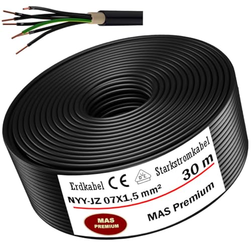 Erdkabel Starkstromkabel von 5m bis 100m NYY-JZ 7X1,5 mm² Elektrokabel Ring zur Verlegung im Freien, Erdreich (30m) von MAS Premium