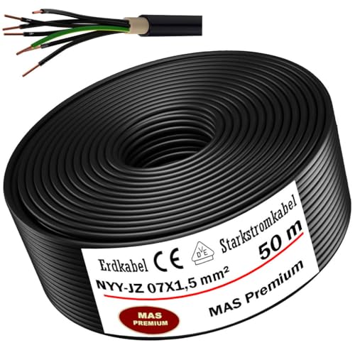 Erdkabel Starkstromkabel von 5m bis 100m NYY-JZ 7X1,5 mm² Elektrokabel Ring zur Verlegung im Freien, Erdreich (50m) von MAS Premium