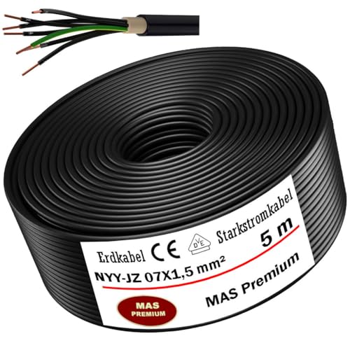 Erdkabel Starkstromkabel von 5m bis 100m NYY-JZ 7X1,5 mm² Elektrokabel Ring zur Verlegung im Freien, Erdreich (5m) von MAS Premium