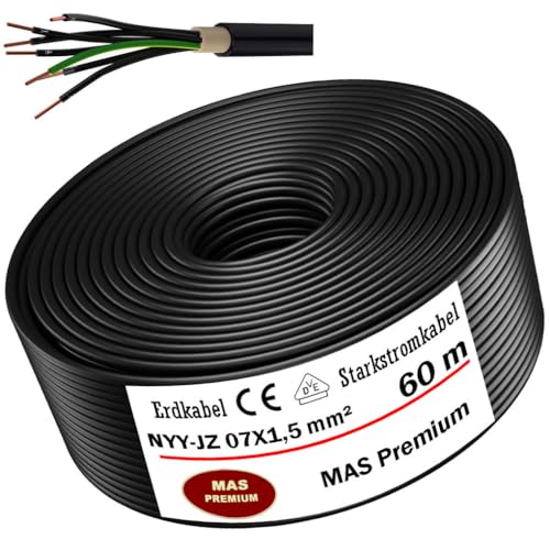 Erdkabel Starkstromkabel von 5m bis 100m NYY-JZ 7X1,5 mm² Elektrokabel Ring zur Verlegung im Freien, Erdreich (60m) von MAS Premium