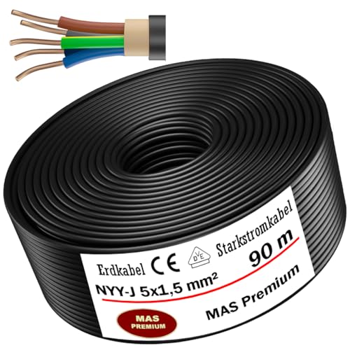 Erdkabel Stromkabel von 5m bis 130m NYY-J 5x1,5 mm² Elektrokabel Ring zur Verlegung im Freien, Erdreich (90m) von MAS Premium