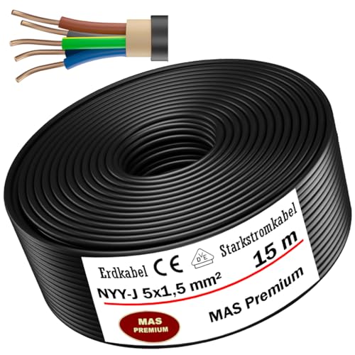 Erdkabel Stromkabel von 5m bis 130m NYY-J 5x1,5 mm² Elektrokabel Ring zur Verlegung im Freien, Erdreich (15m) von MAS Premium