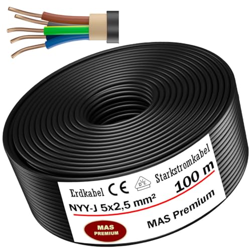 Erdkabel Stromkabel Von 5m bis 100m NYY-J 5x2,5 mm² Elektrokabel Ring zur Verlegung im Freien, Erdreich (100m) von MAS Premium