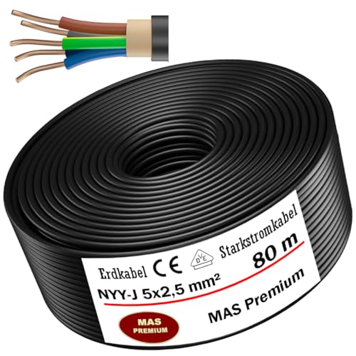 Erdkabel Stromkabel Von 5m bis 100m NYY-J 5x2,5 mm² Elektrokabel Ring zur Verlegung im Freien, Erdreich (80m) von MAS Premium