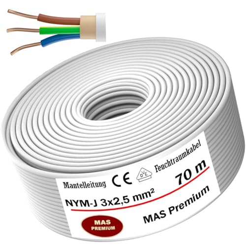 Feuchtraumkabel Stromkabel Von 5m bis 170m Mantelleitung NYM-J 3x2,5mm² Elektrokabel Ring für feste Verlegung (70m) von MAS Premium