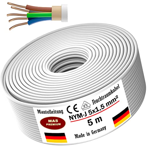 Feuchtraumkabel Stromkabel 5, 10, 15, 20, 25, 30, 35, 40, 50, 60, 70, 75, 80, 90 oder 100m Mantelleitung NYM-J 5x1,5 mm² Elektrokabel Ring für feste Verlegung (5m) von MAS-Premium