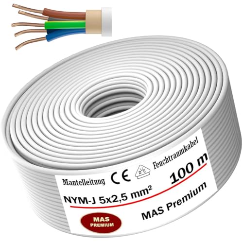 Feuchtraumkabel Stromkabel von 5m bis 100m Mantelleitung NYM-J 5x2,5 mm² Elektrokabel Ring für feste Verlegung (100m) von MAS Premium