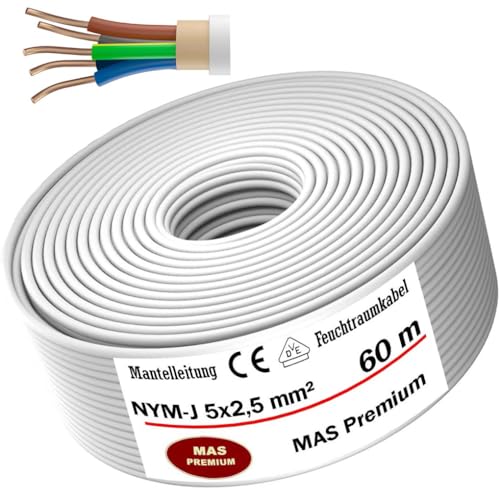 Feuchtraumkabel Stromkabel von 5m bis 100m Mantelleitung NYM-J 5x2,5 mm² Elektrokabel Ring für feste Verlegung (60m) von MAS Premium