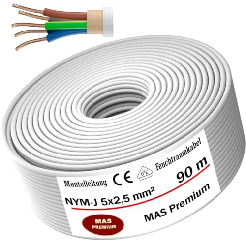 Feuchtraumkabel Stromkabel von 5m bis 100m Mantelleitung NYM-J 5x2,5 mm² Elektrokabel Ring für feste Verlegung (90m) von MAS Premium