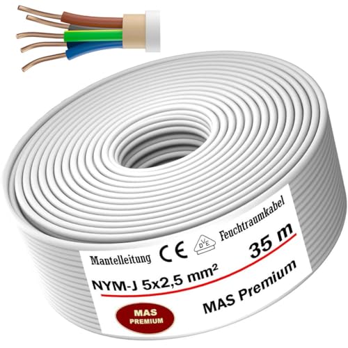 Feuchtraumkabel Stromkabel von 5m bis 100m Mantelleitung NYM-J 5x2,5 mm² Elektrokabel Ring für feste Verlegung (35m) von MAS Premium