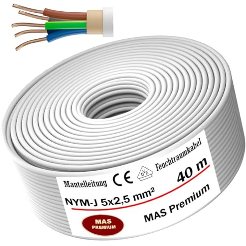 Feuchtraumkabel Stromkabel von 5m bis 100m Mantelleitung NYM-J 5x2,5 mm² Elektrokabel Ring für feste Verlegung (40m) von MAS Premium