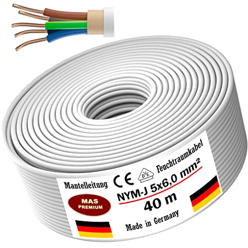 Feuchtraumkabel Stromkabel 5, 10, 15, 20, 25, 30, 35, 40 oder 50m Mantelleitung NYM-J 5x6 mm² Elektrokabel Ring für feste Verlegung (40m) von MAS-Premium