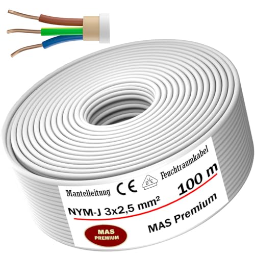 Feuchtraumkabel Stromkabel Von 5m bis 170m Mantelleitung NYM-J 3x2,5mm² Elektrokabel Ring für feste Verlegung (100m) von MAS Premium