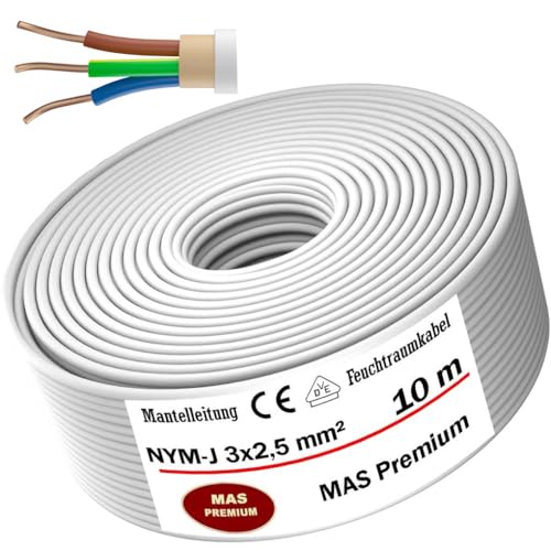 Feuchtraumkabel Stromkabel Von 5m bis 170m Mantelleitung NYM-J 3x2,5mm² Elektrokabel Ring für feste Verlegung (10m) von MAS Premium