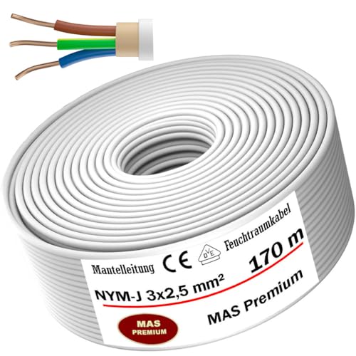 Feuchtraumkabel Stromkabel Von 5m bis 170m Mantelleitung NYM-J 3x2,5mm² Elektrokabel Ring für feste Verlegung (170m) von MAS Premium