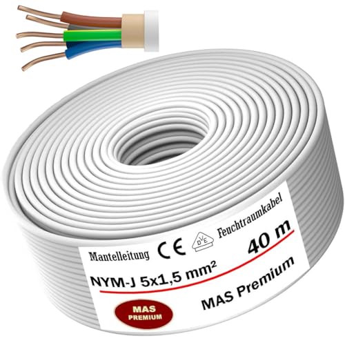 Feuchtraumkabel Stromkabel Von 5m bis 170m Mantelleitung NYM-J 5x1,5 mm² Elektrokabel Ring für feste Verlegung (40 m) von MAS Premium