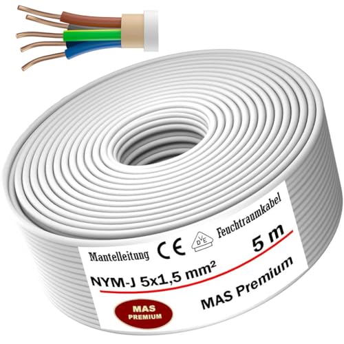 Feuchtraumkabel Stromkabel Von 5m bis 170m Mantelleitung NYM-J 5x1,5 mm² Elektrokabel Ring für feste Verlegung (5 m) von MAS Premium