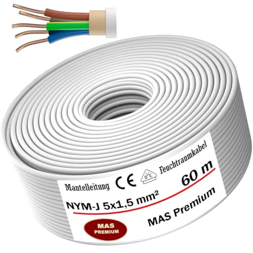 Feuchtraumkabel Stromkabel Von 5m bis 170m Mantelleitung NYM-J 5x1,5 mm² Elektrokabel Ring für feste Verlegung (60 m) von MAS Premium