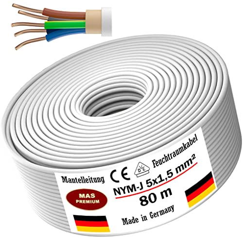 Feuchtraumkabel Stromkabel Von 5m bis 170m Mantelleitung NYM-J 5x1,5 mm² Elektrokabel Ring für feste Verlegung (80 m) von MAS Premium