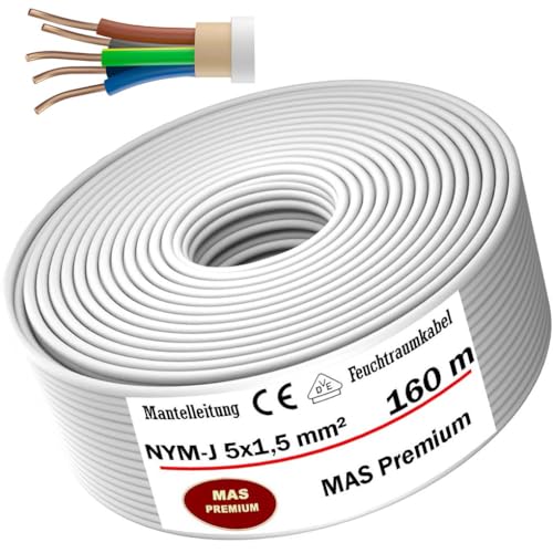 Feuchtraumkabel Stromkabel Von 5m bis 170m Mantelleitung NYM-J 5x1,5 mm² Elektrokabel Ring für feste Verlegung (160 m) von MAS Premium