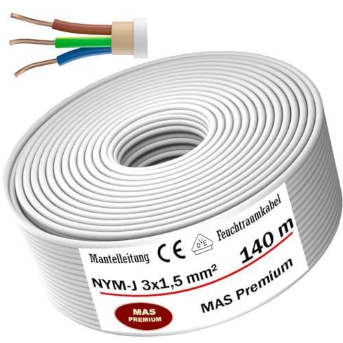 MAS-Premium Stromkabel Von 5m bis 200m Mantelleitung NYM-J 3x1, 5 mm² Elektrokabel Ring für feste Verlegung (140m) von MAS Premium