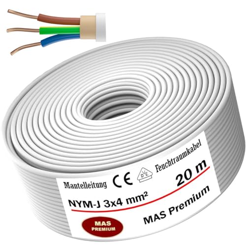 Feuchtraumkabel Stromkabel von 5 bis 100m Mantelleitung NYM-J 3x4 mm² Elektrokabel Ring für feste Verlegung (20 m) von MAS-Premium