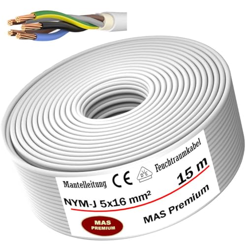 Feuchtraumkabel Stromkabel von 5 bis 20m Mantelleitung NYM-J 5x16 mm² Elektrokabel OFC Ring für feste Verlegung (15m) von MAS Premium