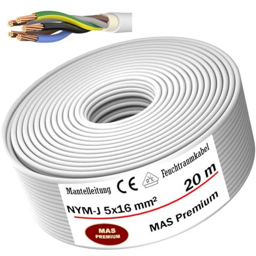 Feuchtraumkabel Stromkabel von 5 bis 20m Mantelleitung NYM-J 5x16 mm² Elektrokabel OFC Ring für feste Verlegung (20m) von MAS Premium