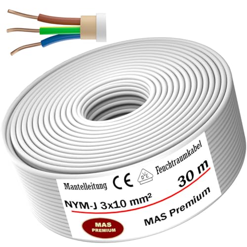 Feuchtraumkabel Stromkabel von 5 bis 50m Mantelleitung NYM-J 3x10 mm² Elektrokabel OFC Ring für feste Verlegung (30m) von MAS Premium