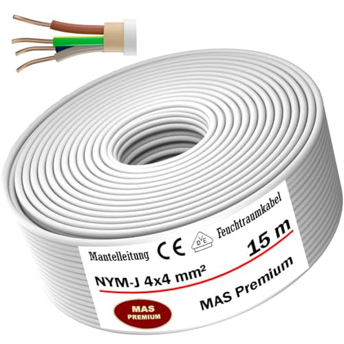 Feuchtraumkabel Stromkabel von 5 bis 50m Mantelleitung NYM-J 4x4 mm² Elektrokabel OFC Ring für feste Verlegung (15m) von MAS Premium