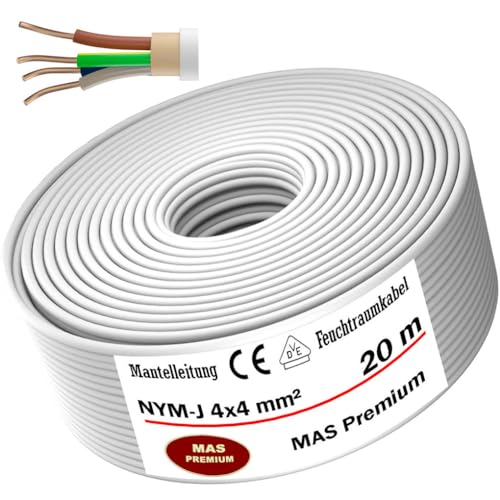 Feuchtraumkabel Stromkabel von 5 bis 50m Mantelleitung NYM-J 4x4 mm² Elektrokabel OFC Ring für feste Verlegung (20m) von MAS Premium