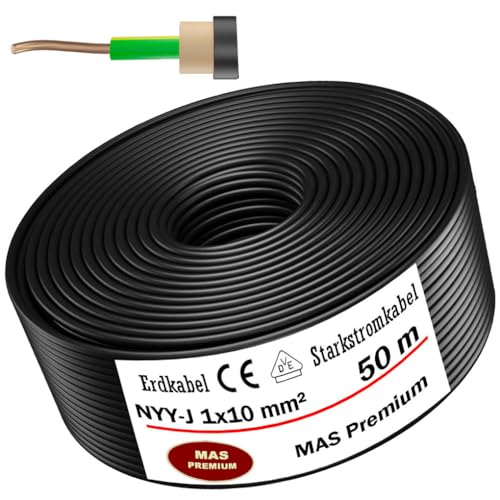MAS-Premium® Erdkabel Deutscher Marken-Elektrokabel Ring zur Verlegung im Erd- und Außenbereich Standard Starkstromkabel (NYY-J 1x10 mm², 50m) von MAS Premium