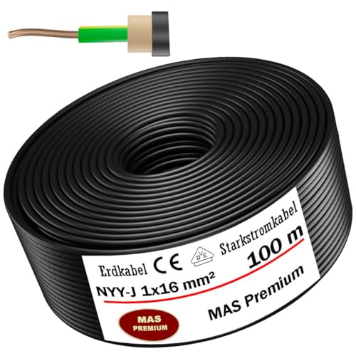 MAS-Premium® Erdkabel Deutscher Marken-Elektrokabel Ring zur Verlegung im Erd- und Außenbereich Standard Starkstromkabel (NYY-J 1x16 mm², 100m) von MAS Premium