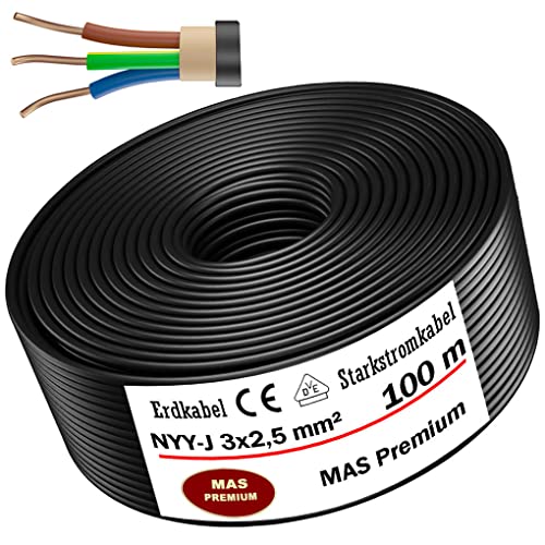 MAS-Premium® Erdkabel Deutscher Marken-Elektrokabel Ring zur Verlegung im Erd- und Außenbereich Standard Starkstromkabel (NYY-J 3x2,5 mm², 100m) von MAS Premium