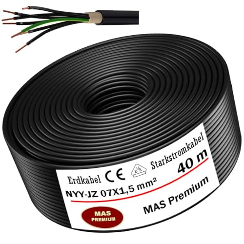 MAS-Premium® Erdkabel Deutscher Marken-Elektrokabel Ring zur Verlegung im Erd- und Außenbereich Standard Starkstromkabel (NYY-JZ 7X1,5 mm², 40m) von MAS Premium