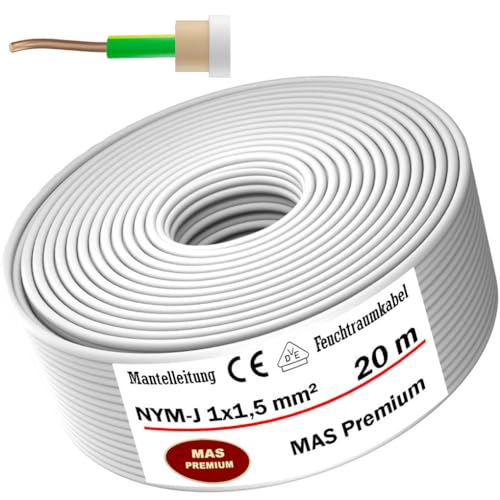 MAS-Premium® Feuchtraumkabel Stromkabel Mantelleitung Elektrokabel Ring zur Verlegung über, auf, in und unter Putz, in trockenen, feuchten und nassen Räumen - Made in Germany (NYM-J 1x1,5 mm², 20m) von MAS Premium