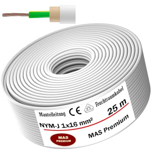 MAS-Premium® Feuchtraumkabel Stromkabel Mantelleitung Elektrokabel Ring zur Verlegung über, auf, in und unter Putz, in trockenen, feuchten und nassen Räumen - Made in Germany (NYM-J 1x16 mm², 25m) von MAS Premium