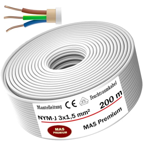 MAS-Premium® Feuchtraumkabel Stromkabel Mantelleitung Elektrokabel Ring zur Verlegung über, auf, in und unter Putz, in trockenen, feuchten und nassen Räumen - Made in Germany (NYM-J 3x1,5 mm², 200m) von MAS Premium