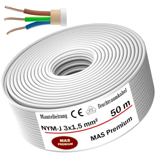 MAS-Premium® Feuchtraumkabel Stromkabel Mantelleitung Elektrokabel Ring zur Verlegung über, auf, in und unter Putz, in trockenen, feuchten und nassen Räumen - Made in Germany (NYM-J 3x1,5 mm², 50m) von MAS Premium