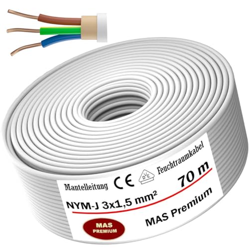 MAS-Premium® Feuchtraumkabel Stromkabel Mantelleitung Elektrokabel Ring zur Verlegung über, auf, in und unter Putz, in trockenen, feuchten und nassen Räumen - Made in Germany (NYM-J 3x1,5 mm², 70m) von MAS Premium