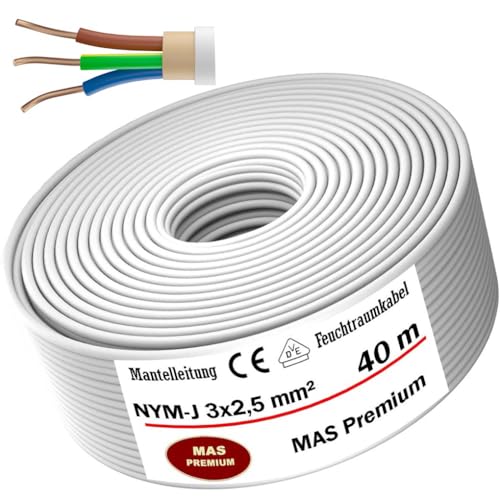 MAS-Premium® Feuchtraumkabel Stromkabel Mantelleitung Elektrokabel Ring zur Verlegung über, auf, in und unter Putz, in trockenen, feuchten und nassen Räumen - Made in Germany (NYM-J 3x2,5 mm², 40m) von MAS Premium