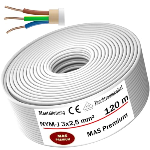 MAS-Premium® Feuchtraumkabel Stromkabel Mantelleitung Elektrokabel Ring zur Verlegung über, auf, in und unter Putz, in trockenen, feuchten und nassen Räumen - Made in Germany (NYM-J 3x2,5 mm², 120m) von MAS Premium